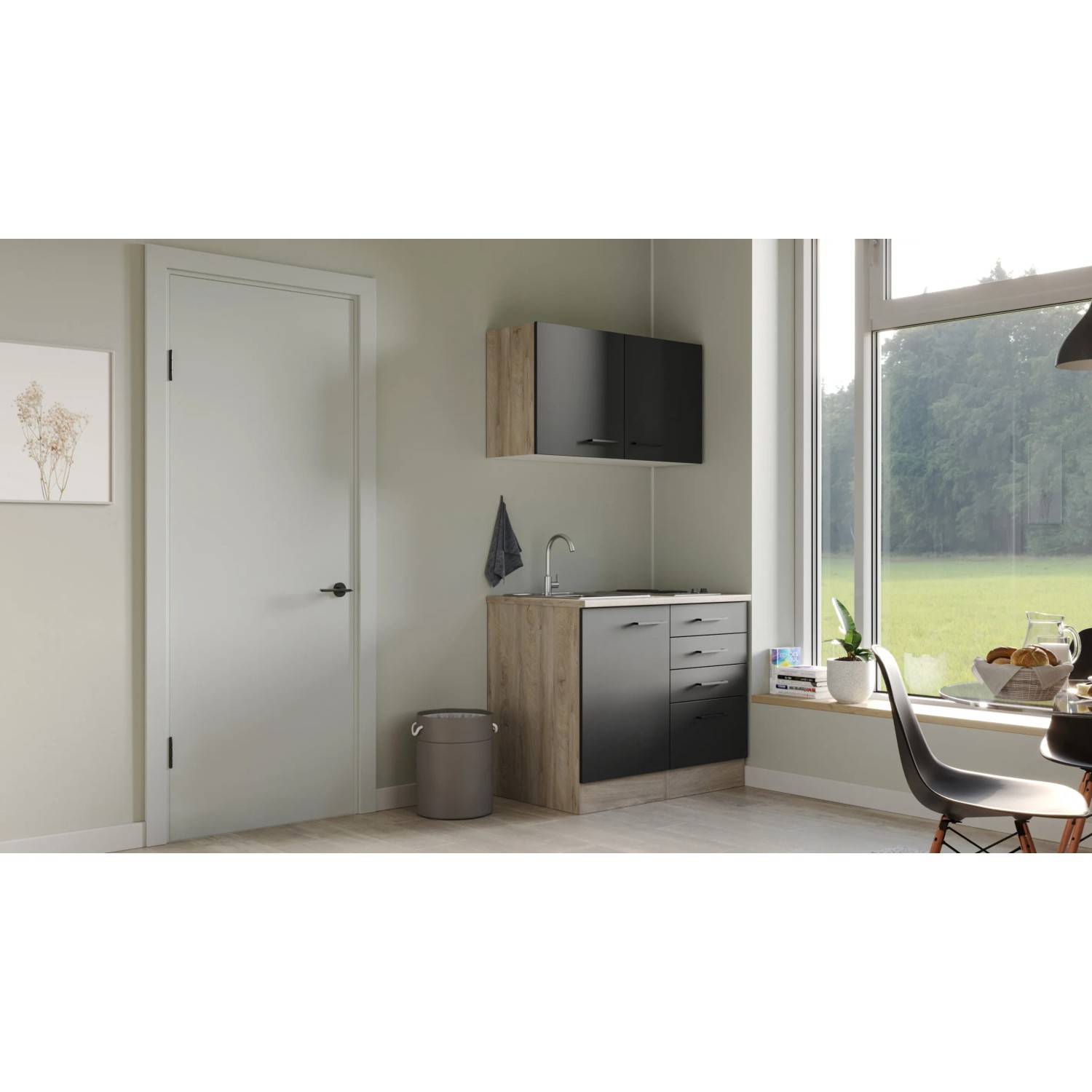 Flex-Well Miniküche Capri, 100 cm, Schwarz Matt/Eiche, mit Spüle und Kochfeld.