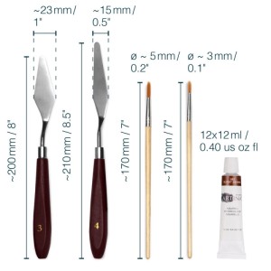 Artina Milano Malset: 2 Spachtel, 2 Pinsel, 1 Acrylfarbe (12ml), Größenangaben.
