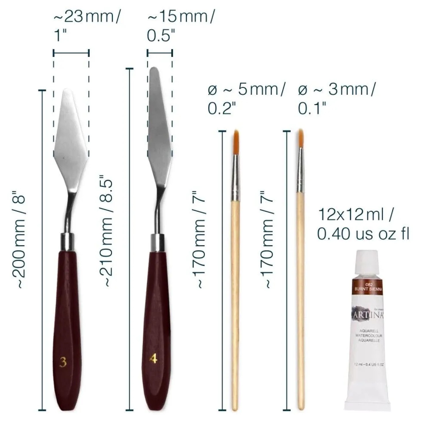 Artina Milano Malset: 2 Spachtel, 2 Pinsel, 1 Acrylfarbe (12ml), Größenangaben.