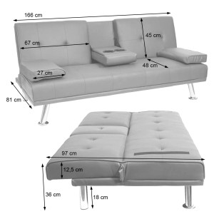 MCW 3er-Sofa F60, dunkelblaues Kunstleder, mit Tassenhalter und Maßen. Schlafsofa für 3 Personen.