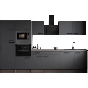 Moderne Respekta Küchenzeile Oliver 340 cm in Grau Matt mit Eiche York Arbeitsplatte, Backofen, Mikrowelle, Kochfeld, Spüle und Dunstabzugshaube.