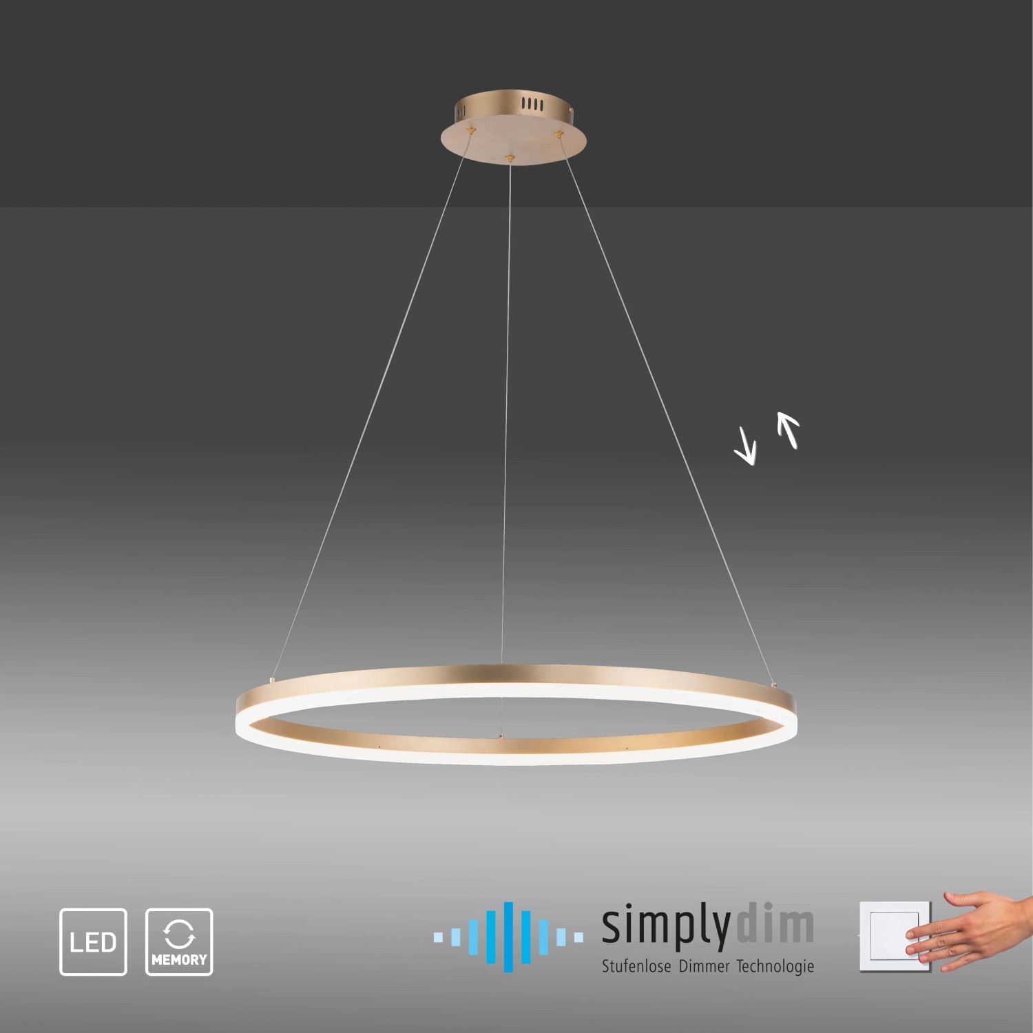 Moderne LED-Pendelleuchte Helia von Paul Neuhaus, messingfarben, Ø 80cm, dimmbar.
