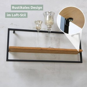 Holz4home Wandregal Long in Schwarz mit Eichenholz, gerahmt, ohne Baumkante.