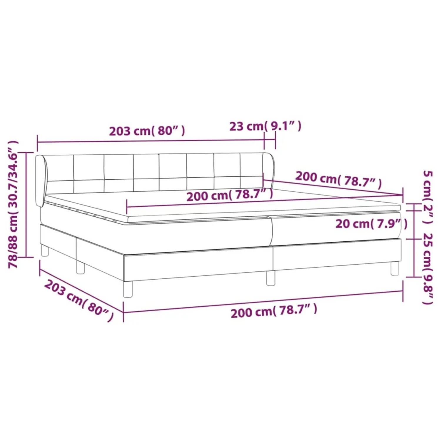 vidaXL Boxspringbett schwarz (200x200 cm) mit Matratze und Maßangaben.