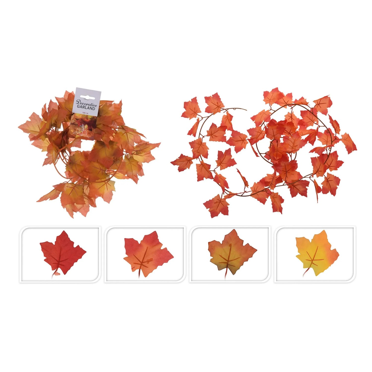 Herbstgirlande 180 cm mit bunten Kunstblättern in Rot, Orange, Gelb. Ideal für herbstliche Dekorationen.