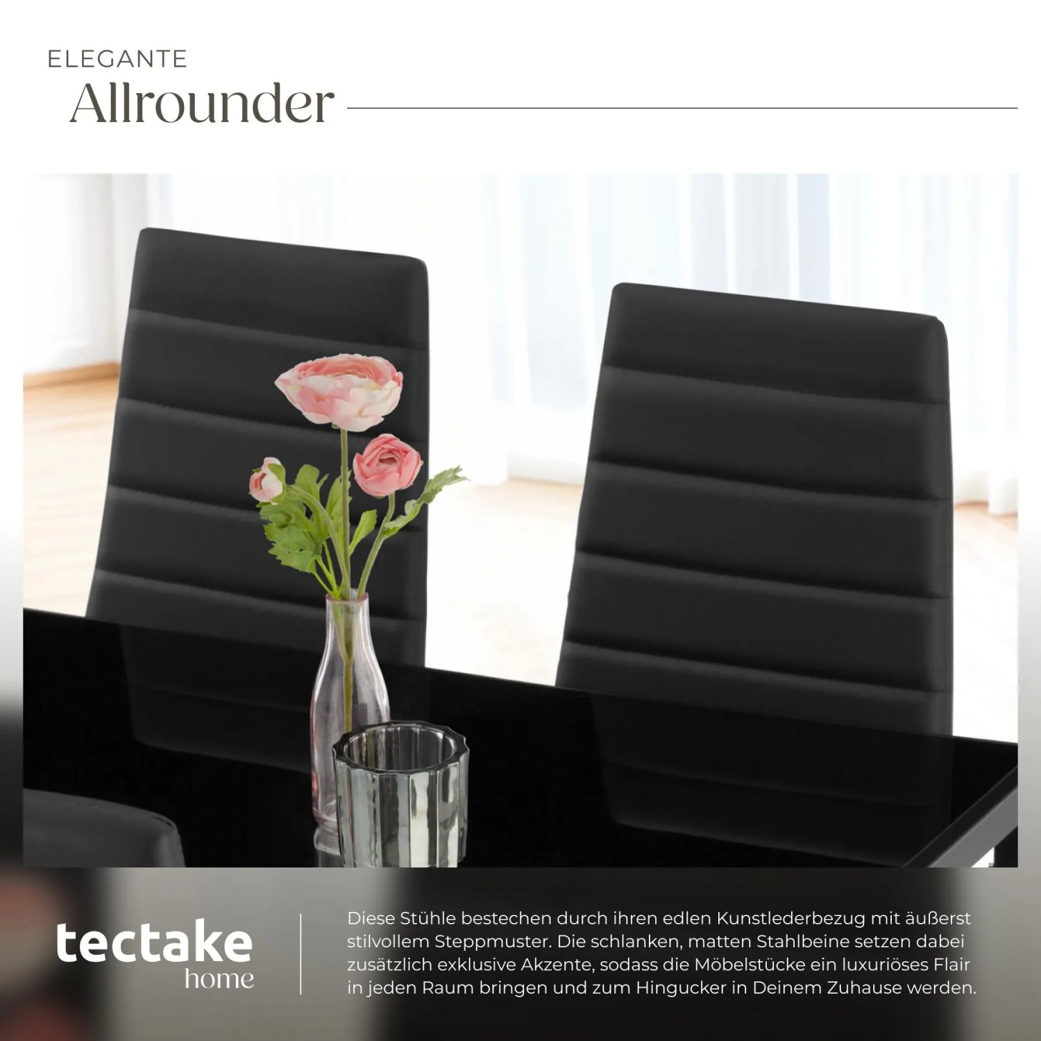 Tectake Esszimmerstühle, 4er Set, schwarz, Kunstleder, hohe Rückenlehne.