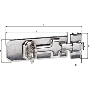 Sicherheits-Schlossriegel aus Edelstahl mit Schlaufe und Maßangaben.