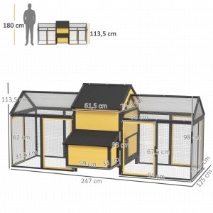Gelber PawHut Hühnerstall aus Holz mit schwarzem Dach, Nistkasten und Doppel-Laufstall. Maße: 247x125x113,5 cm.