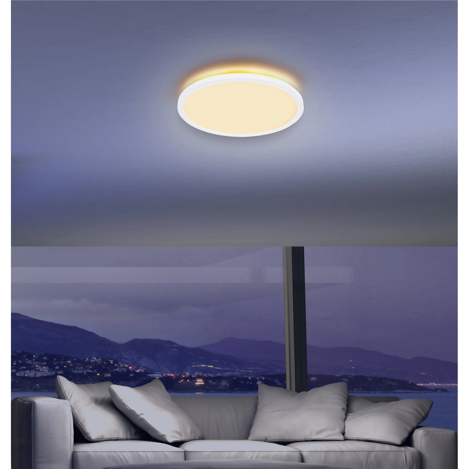 Weiße, runde LED Deckenleuchte Sapana (Ø 29,4 cm) spendet warmweißes Licht im Raum.