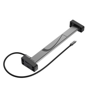 Hama USB-C Docking-Station Connect2Office Work, silber/schwarz, mit Silikon-Standfüßen und integriertem USB-C-Kabel.