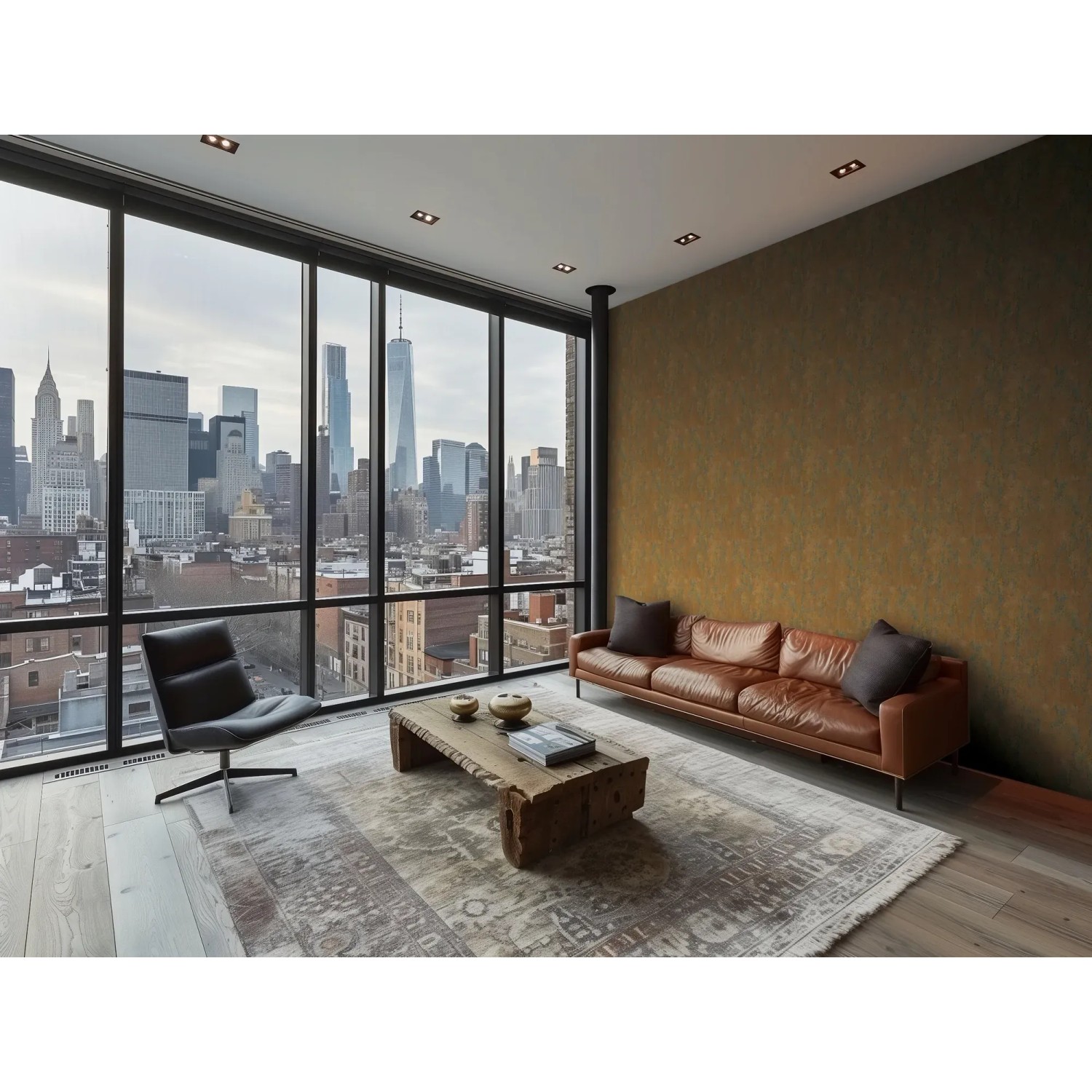 Wohnraum mit braun-silberner A.S. Creation Vliestapete Struktur Oberfläche und Blick auf New York.