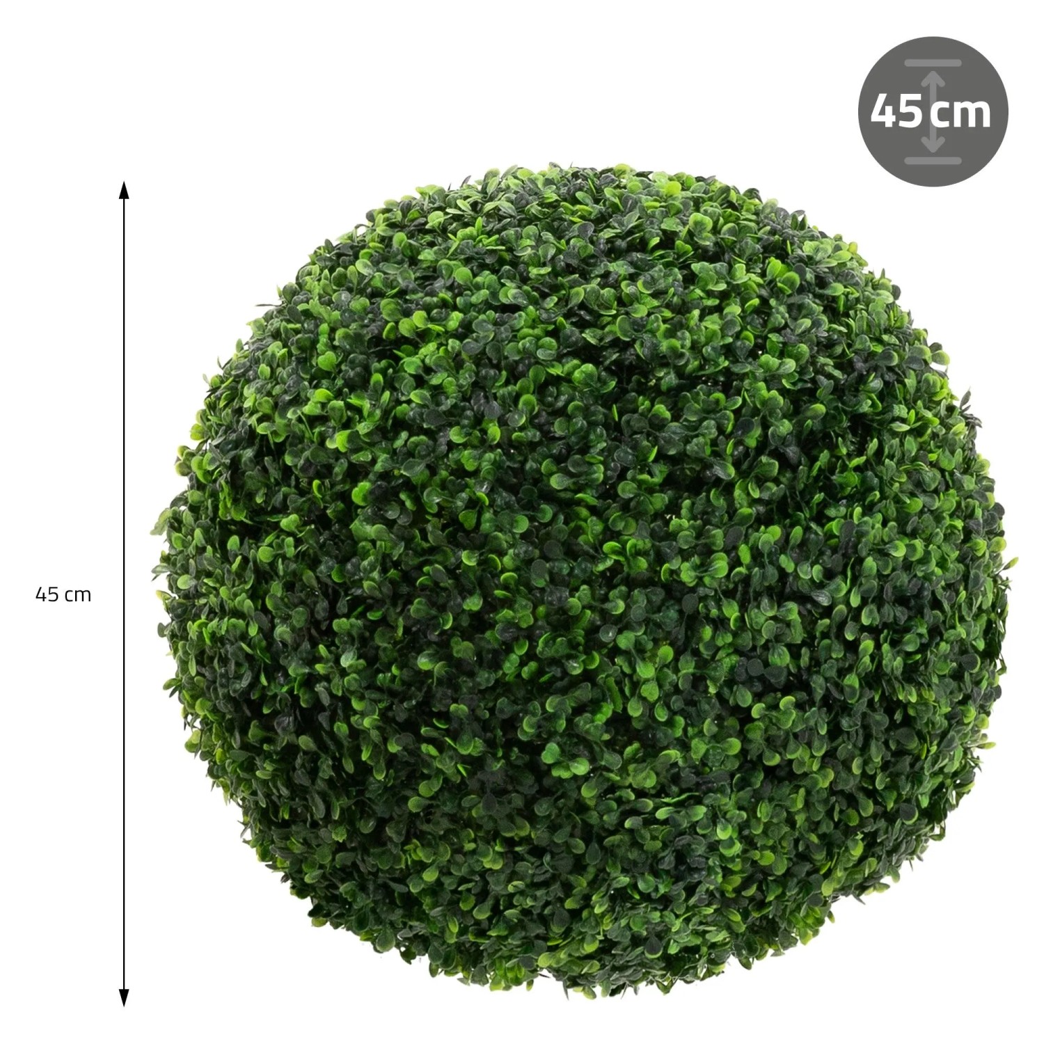 Grüne künstliche Buchsbaumkugel aus Kunststoff, Ø 45 cm, mit dichter Blattstruktur. Pflegeleichte Dekoration.