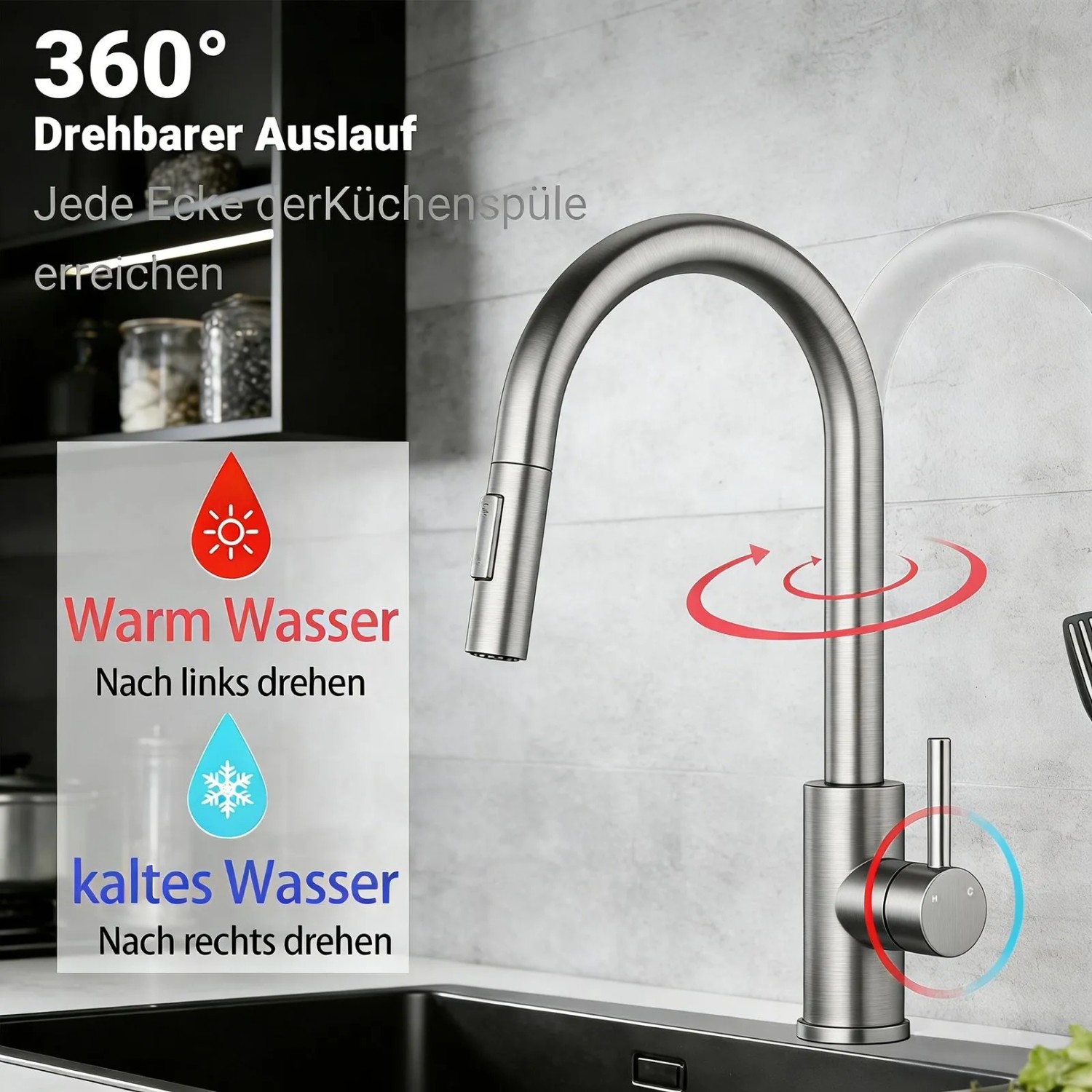 Gebürstete AICA Küchenarmatur mit Ausziehbrause und 360° Drehung.