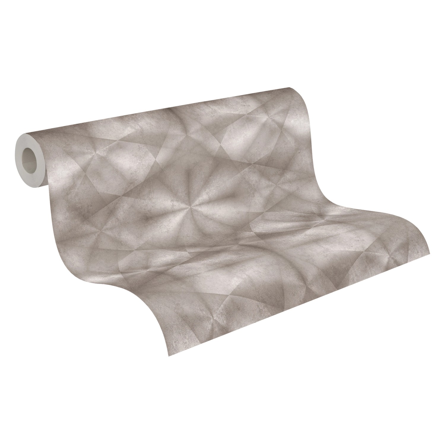 Vliestapete in Graubeige mit 3D-Design, leicht glänzend und strukturiert.