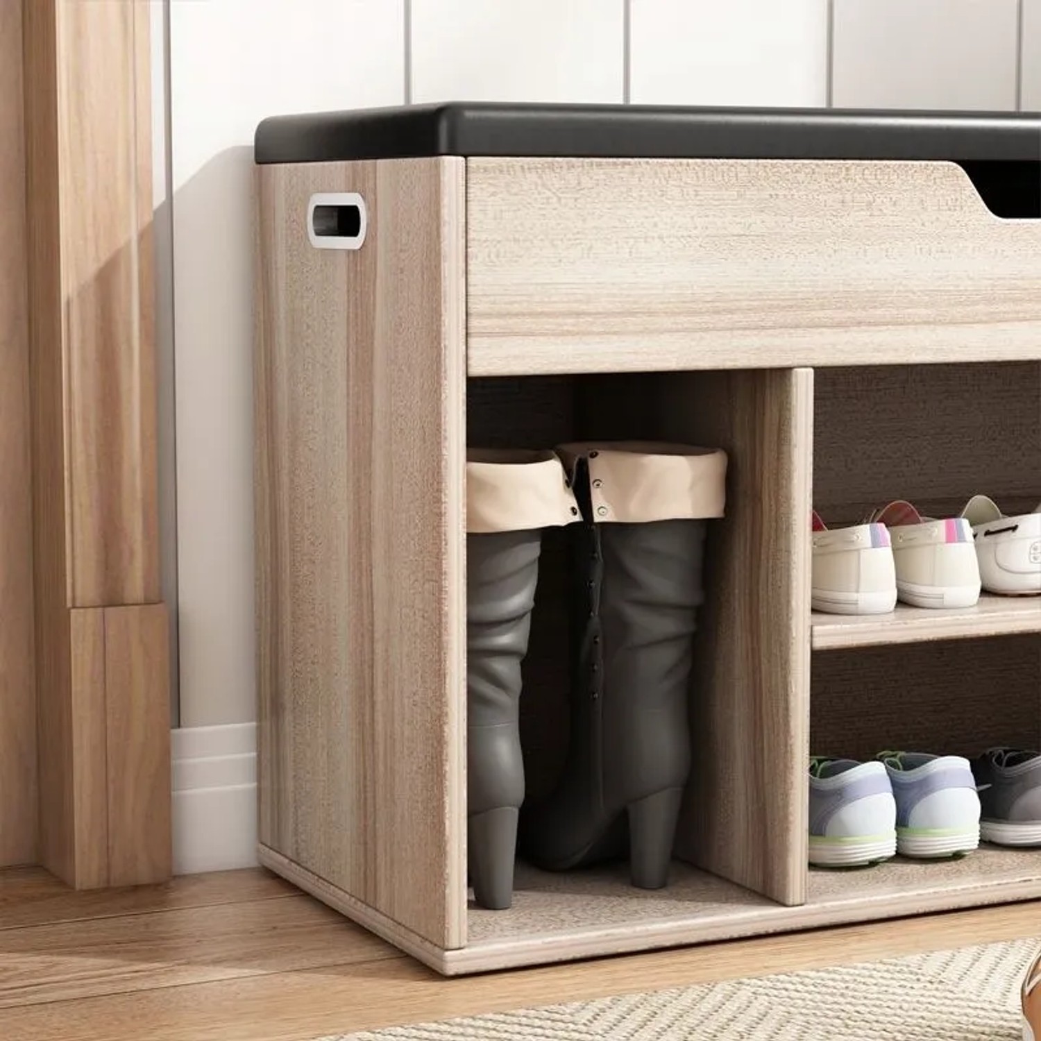 Rebiko Schuhschrank Mit Sitzfläche Aus Holz Stauraum 2 Einlegeböden Zu Öffnen Helle Eiche_6
