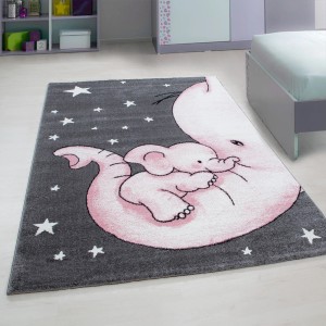Ayyildiz Kinderteppich Kids 560 Pink (160x230 cm) mit Elefantenmotiv und Sternen auf grauem Grund.
