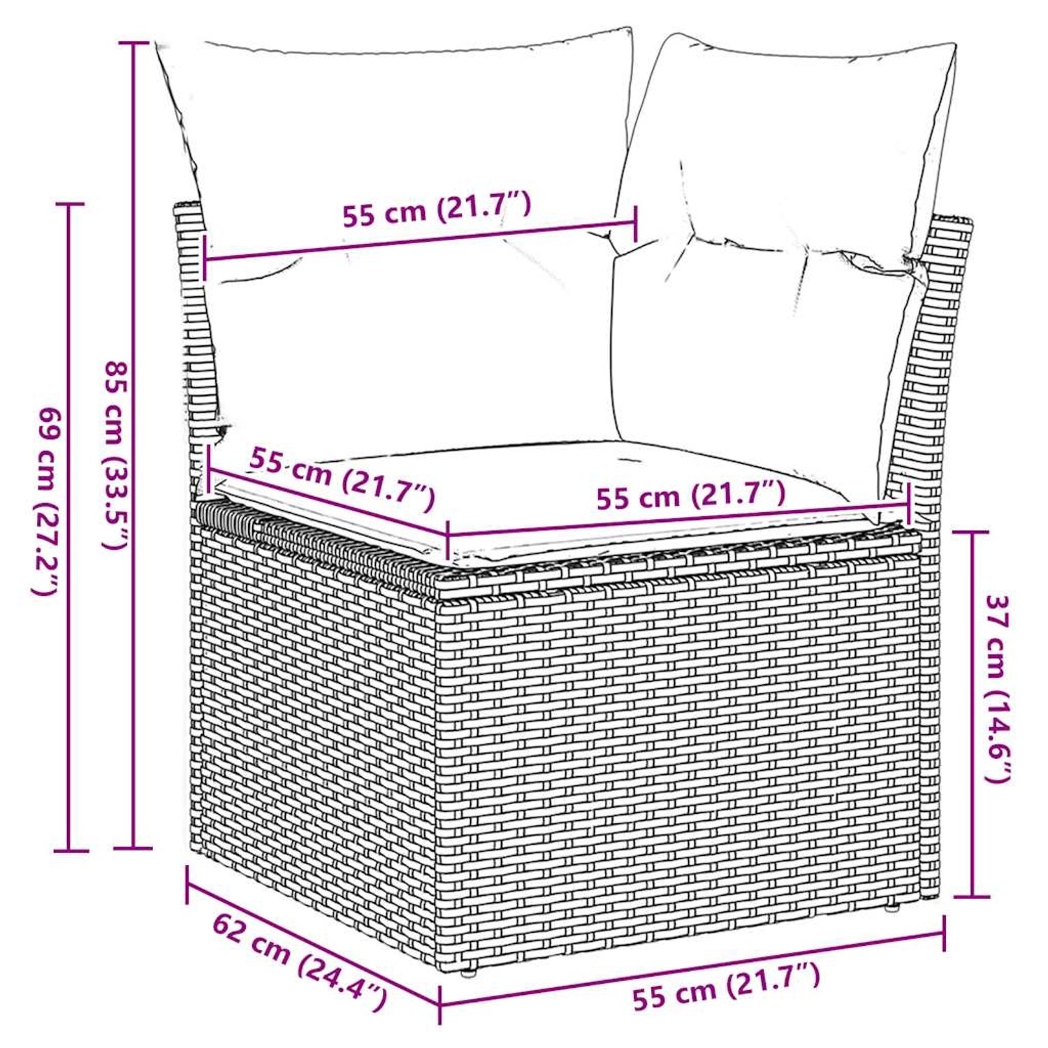 Detailaufnahme: Braune vidaXL Garten-Sofagarnitur aus Rattan mit roten Kissen, Maße eingezeichnet.