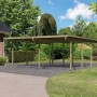 Karibu Doppelcarport Eco aus Holz mit PVC-Dachplatten im Garten.