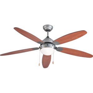 VLC Deckenventilator, Ø 132 cm, Edelstahl/Braun, mit Lampe und 5 Flügeln.
