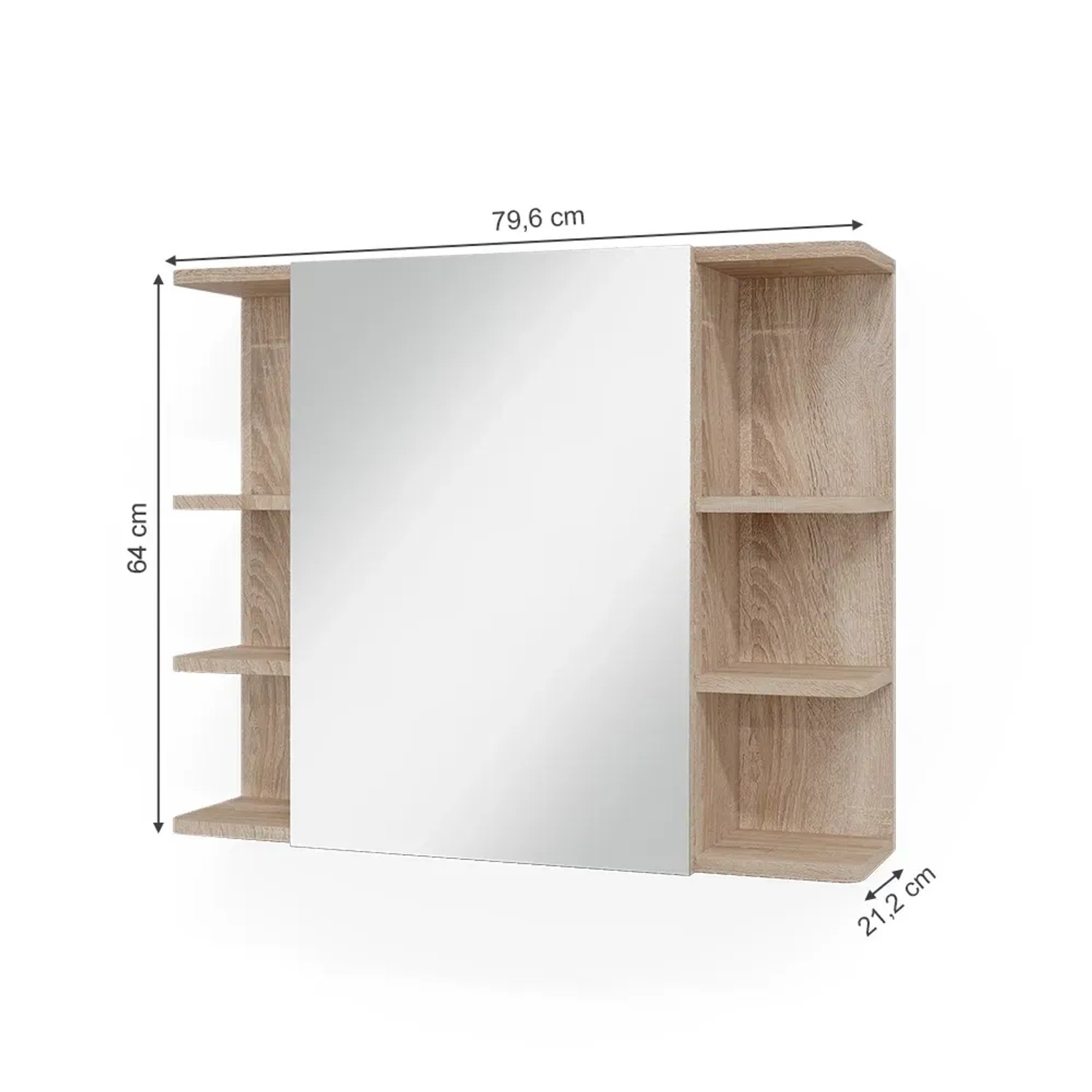 Vicco Badspiegelschrank Fynn in Sonoma Eiche Optik mit offenen Regalen links und rechts.