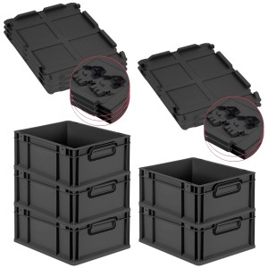 PROREGAL SuperSparSet: 5 schwarze Euroboxen mit Scharnierdeckel, 16 Liter, Griffe geschlossen. Aufbewahrungsboxen.