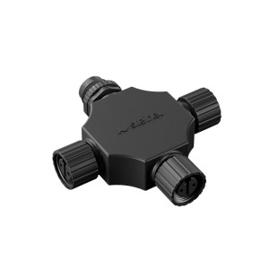 Schwarzes Cross-Road-Verbindungsstück für 24V Außenbeleuchtung. Robuster 4-Wege-Verbinder für Garten-Lichtsysteme.