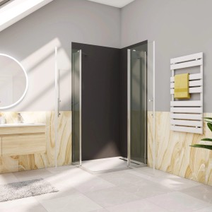 Eck-Duschkabine AICA 120x90cm mit Pendeltür, 6mm ESG Glas und Stabilisator im Badezimmer.
