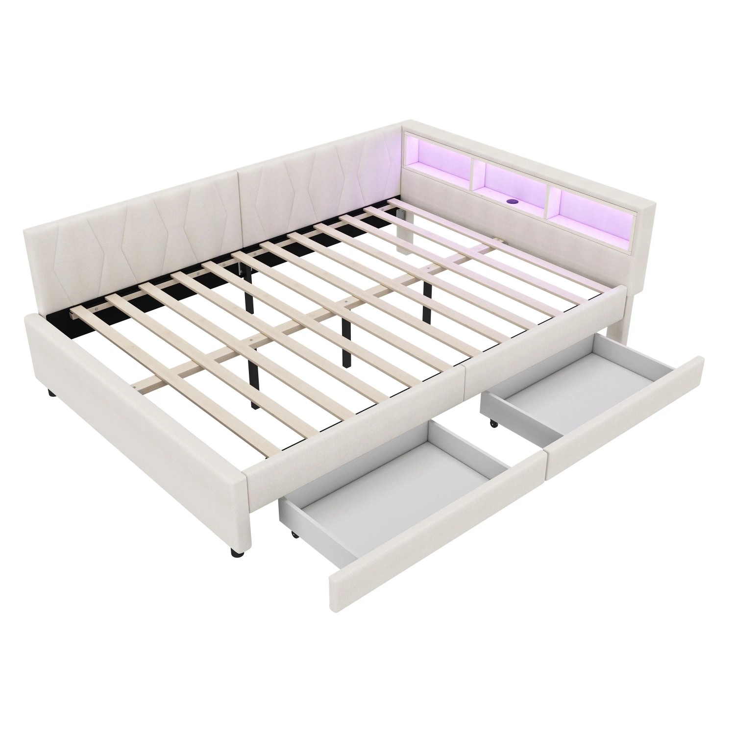 Merax Tagesbett 140x200 cm Mit Ablagefach USB Typ C LED 2 Schubladen Leinen Beige