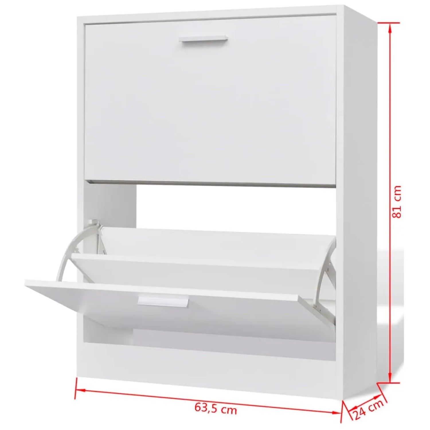 Weißer Schuhschrank aus Holzwerkstoff mit 2 Kippfächern, 63,5x24x81 cm. Praktischer Schuhkipper zur Aufbewahrung.