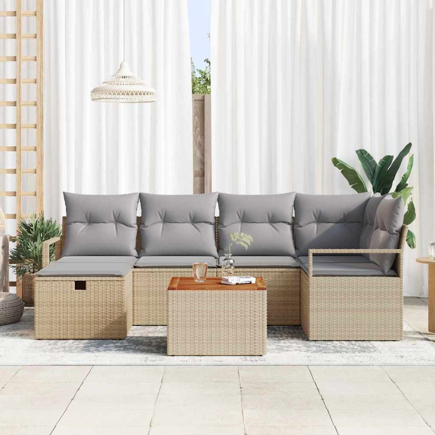 Beiges 7-teiliges vidaXL Garten-Sofa-Set aus Poly Rattan mit Kissen und Stauraum.