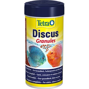 Tetra Discus Granulat 250ml: Fischfutter für Diskusfische im gelben Behälter.