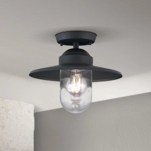 Rustikale Orion Außen Deckenleuchte in Anthrazit mit klarer Glasglocke und sichtbarer E27 Glühbirne. Aluminium, IP44.