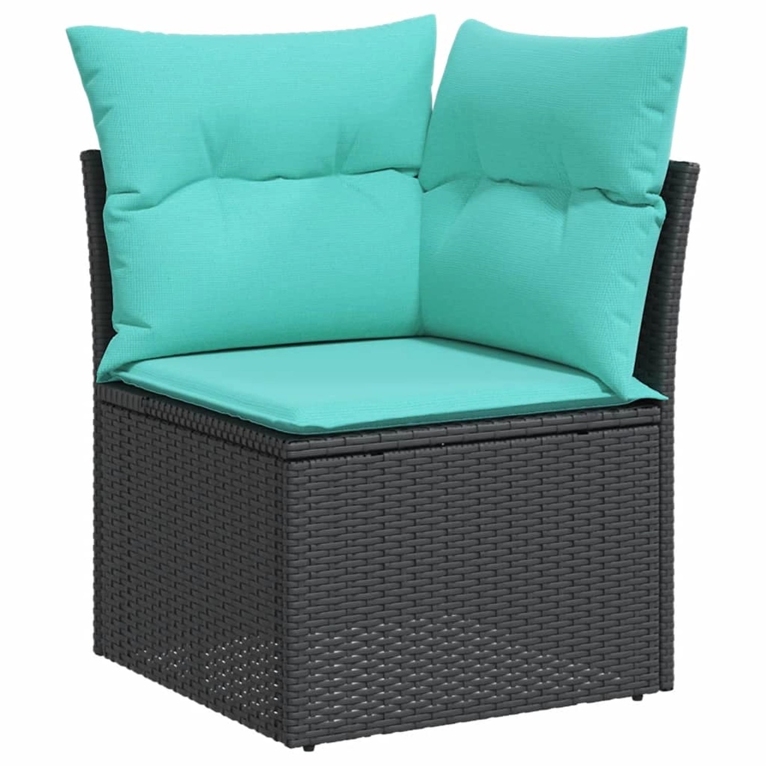 Schwarzes Poly Rattan Ecksofa mit türkisen Kissen, Teil der 10-tlg. vidaXL Garten-Sofagarnitur.