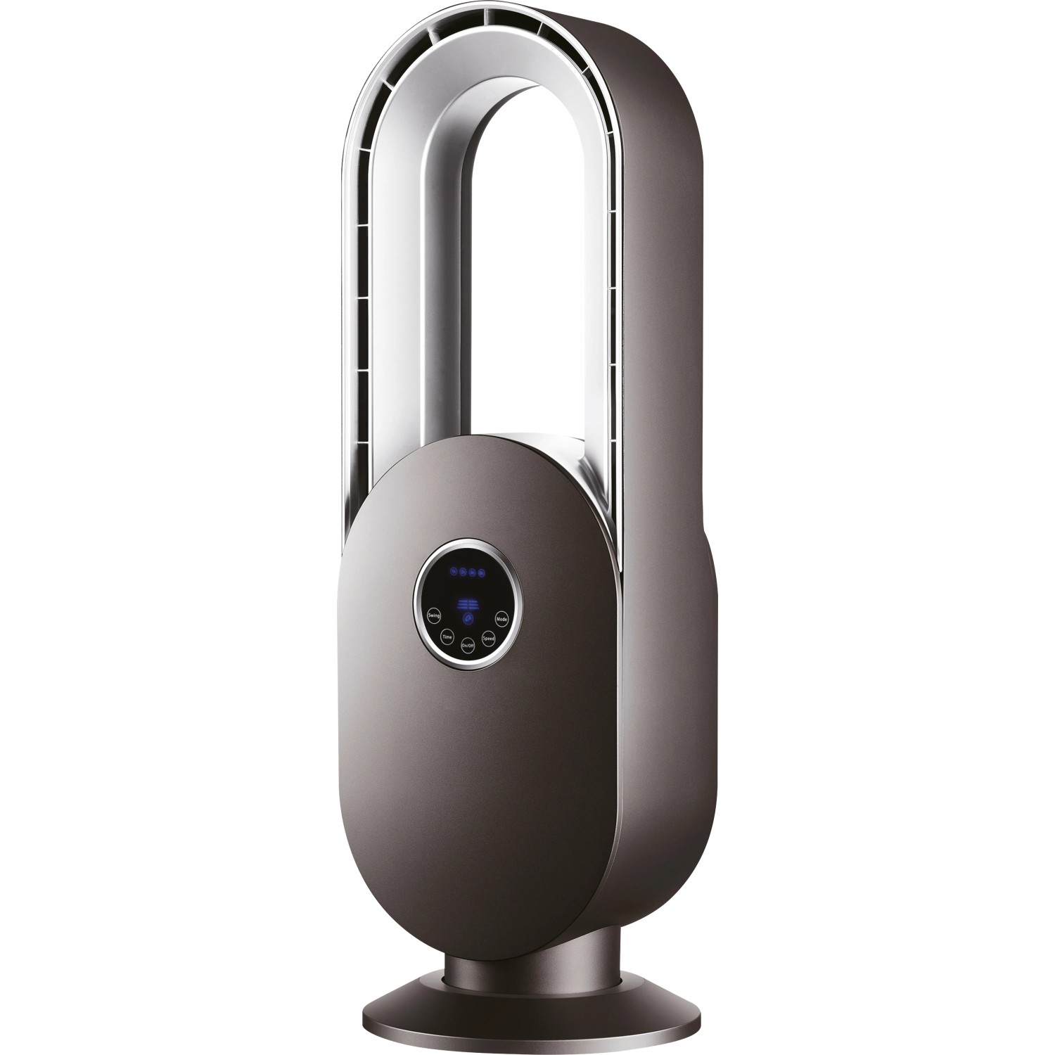Moderner, anthrazitfarbener Standventilator Bladeless TV 45-67 mit LED-Display.