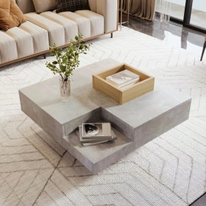 okwish Couchtisch mit Herausnehmbarer Aufbewahrungsbox Betongrau/Holzfarbe 70 × 70 cm