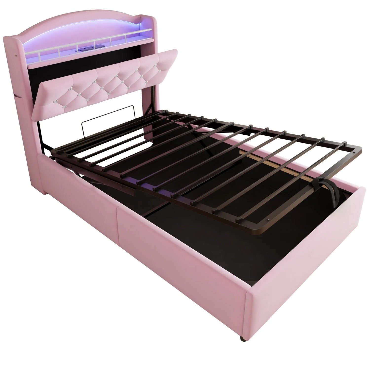 Merax Kinderbett 90x200cm Samt LED USB Stauraum Rosa