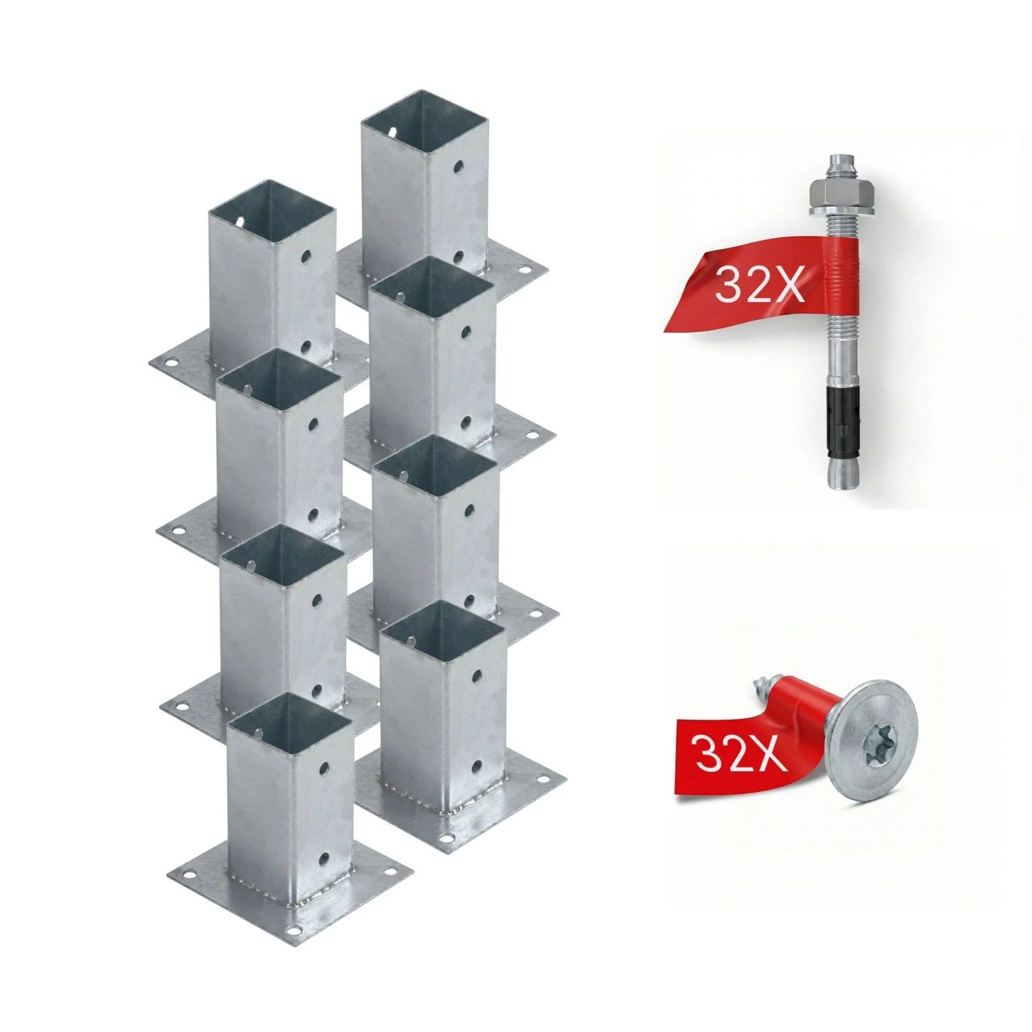 HOLLMAX 8 Stk. Aufschraubhülse/Pfostenträger 71 mm Komplettset Verzinkt Silber für Vierkantpfosten