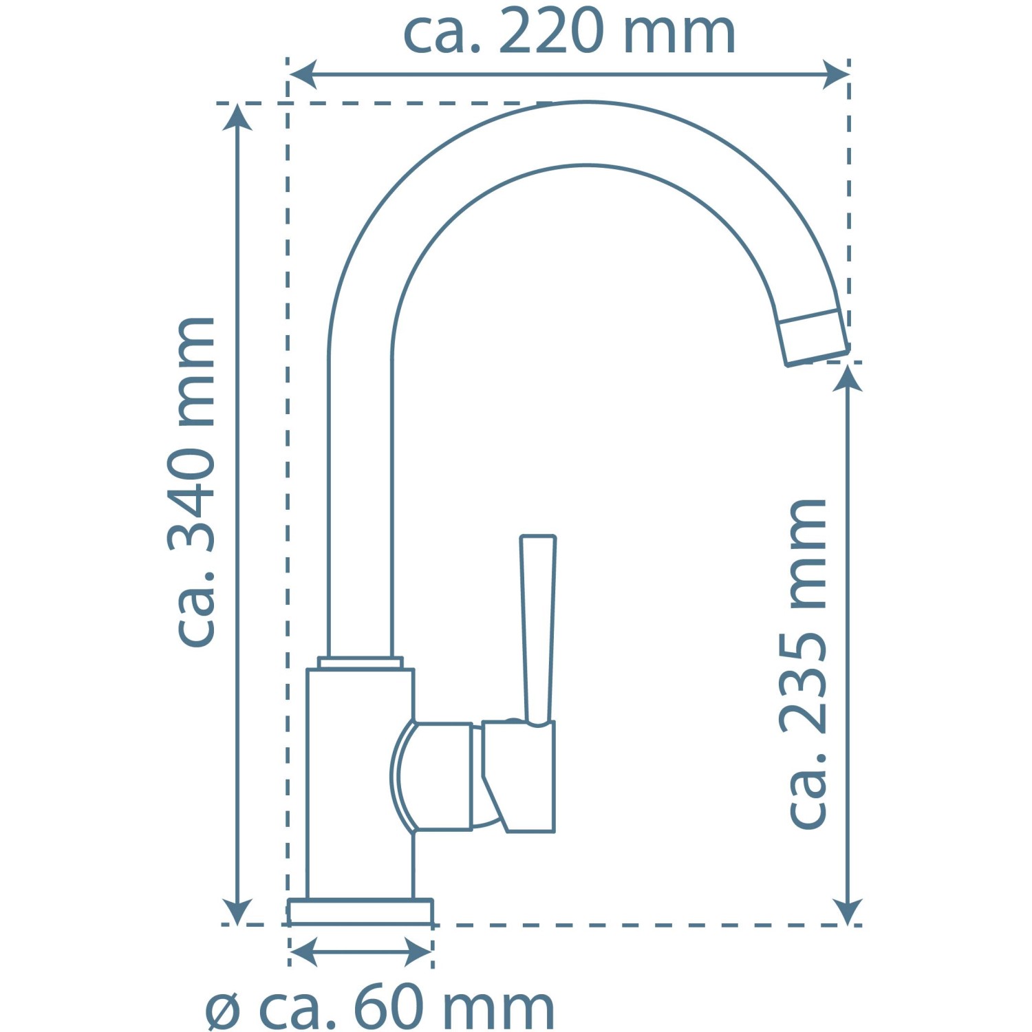 Technische Zeichnung: Schütte Spültischarmatur Cornwall, Graphit matt, mit Maßangaben.