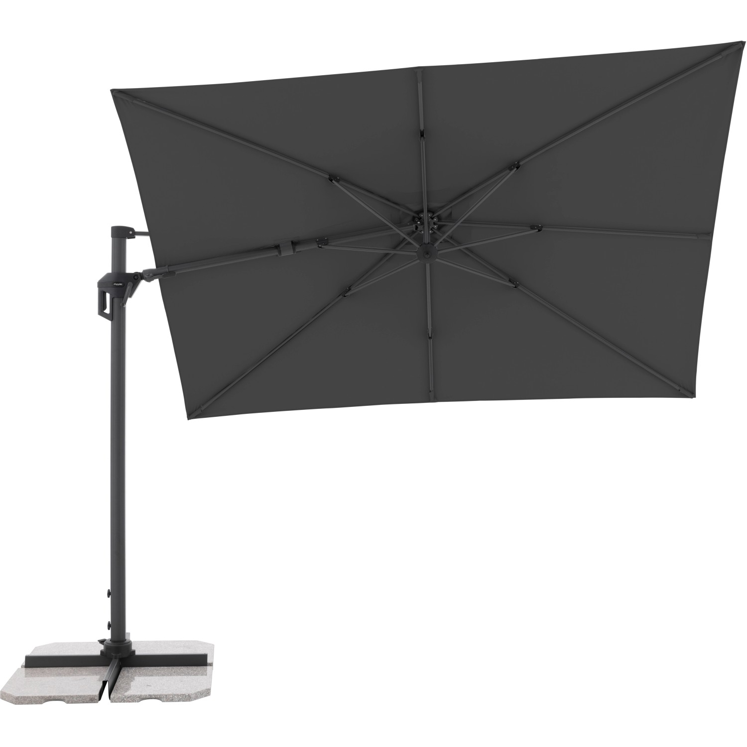 Anthrazitfarbener Doppler Ampelschirm 310x210 cm mit Kurbel und rechteckigem Schirm.