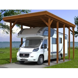 Nussbaum Carport Friesland Caravan von Skan Holz mit Wohnmobil. Holzkonstruktion mit Aluminiumplatten.