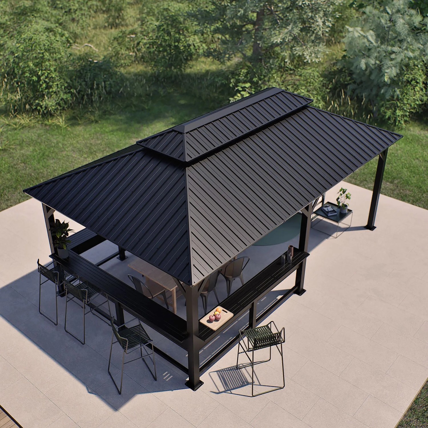 Schwarzer Sojag Pavillon Bondi 1220 mit Stahldach und Theke, Vogelperspektive.