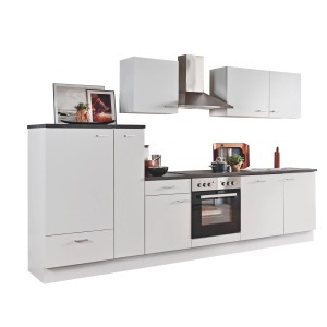 Menke Küchenzeile White Classic 310 cm in Weiß-Marmor-Optik mit E-Geräten und Spüle.
