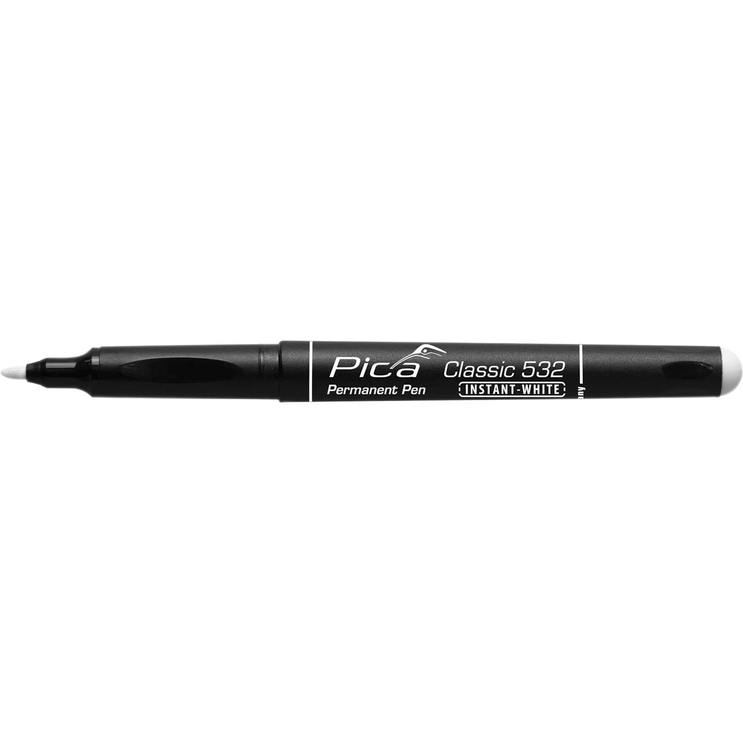 Schwarzer Pica Permanent Marker Classic 532 Instant-White mit weißer Spitze und Kappe für präzise Markierungen im Handwerk.
