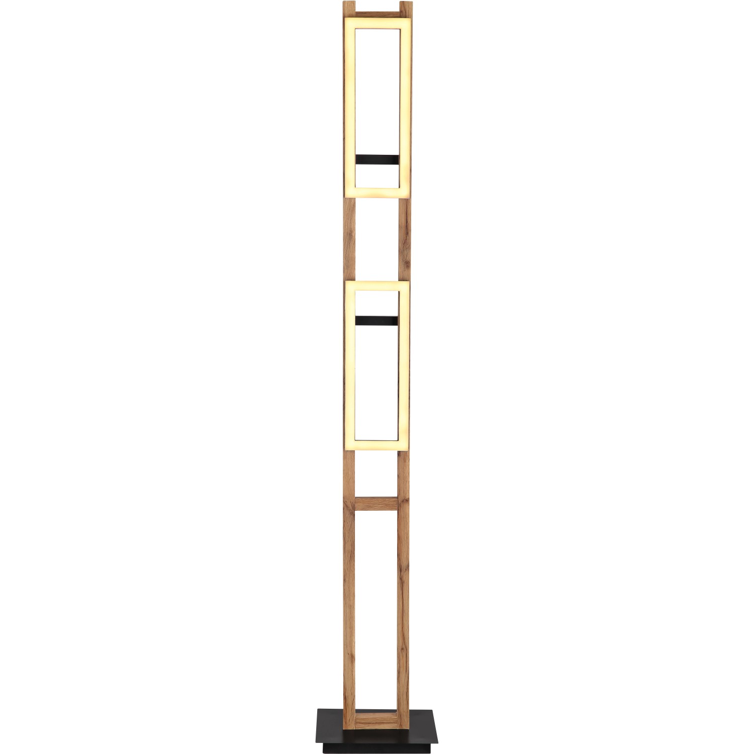 Moderne LED-Stehlampe Illa in Schwarz/Braun mit drei Leuchtelementen für wohnliches Licht.