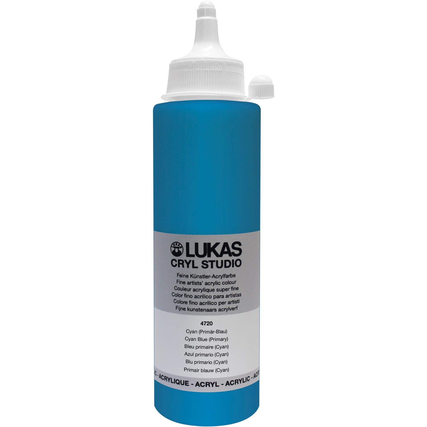 Lukas Cryl Studio Premium Acrylfarbe, 250ml, Cyan. Künstlerfarbe in leuchtendem Blau.