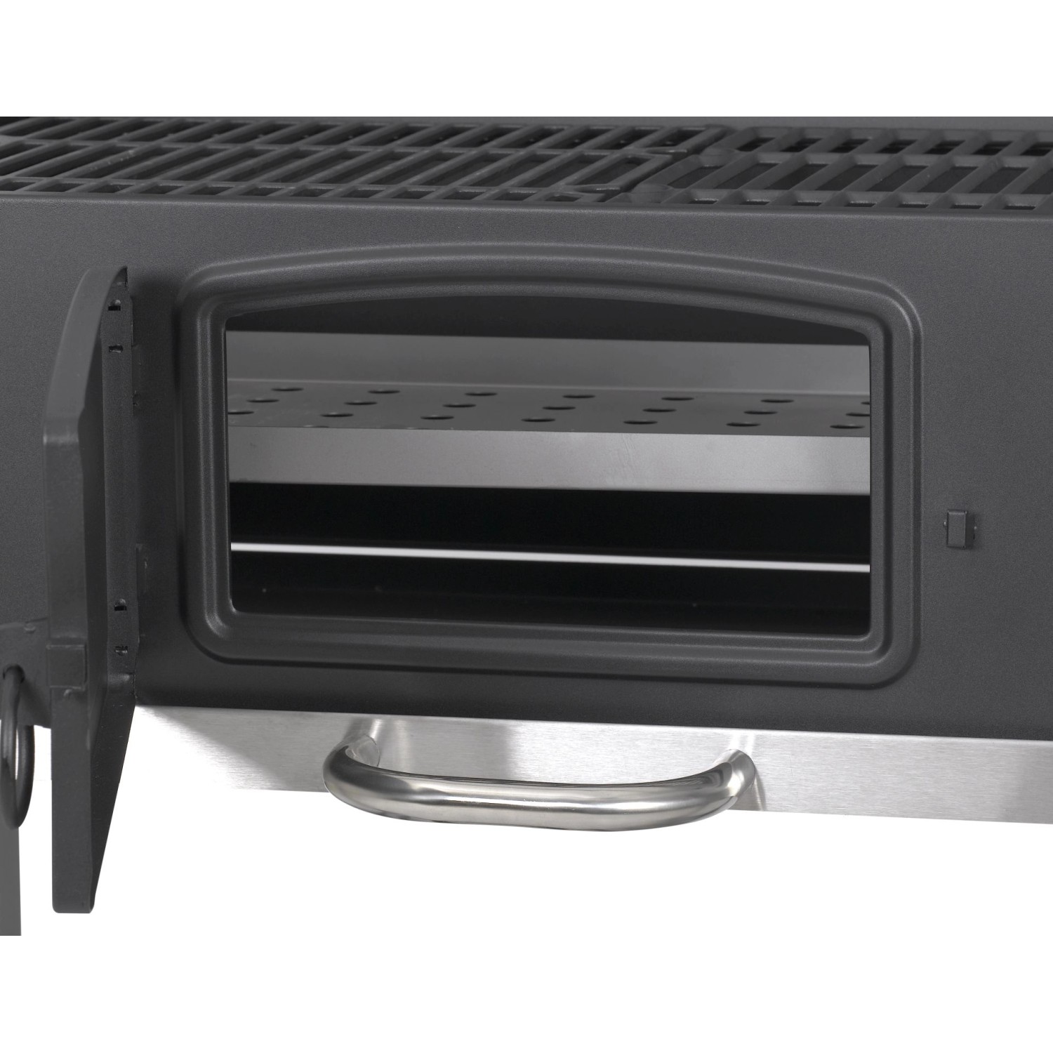 Detailaufnahme: El Fuego Holzkohlegrill Smoker Ontario XXL, schwarzer Grill mit offener Tür.