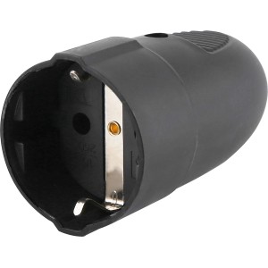 Schwarze Schutzkontakt Kupplung mit verzinkten Kontakten und Knickschutz.