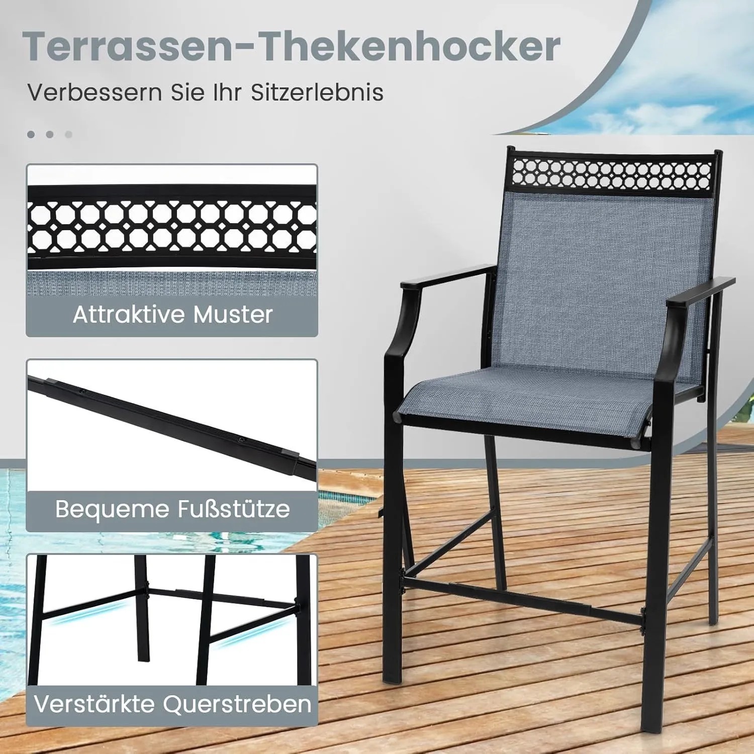 2er Set Costway Gartenstühle, blau, mit Metallrahmen und schnelltrocknendem Stoff. Ideal für Terrasse und Garten.