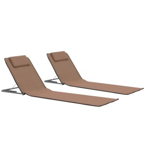 2er Set: Klappbare, braune Strandmatten mit Stahlrahmen und Kopfstütze. Ideal für Strand, Camping oder Terrasse.