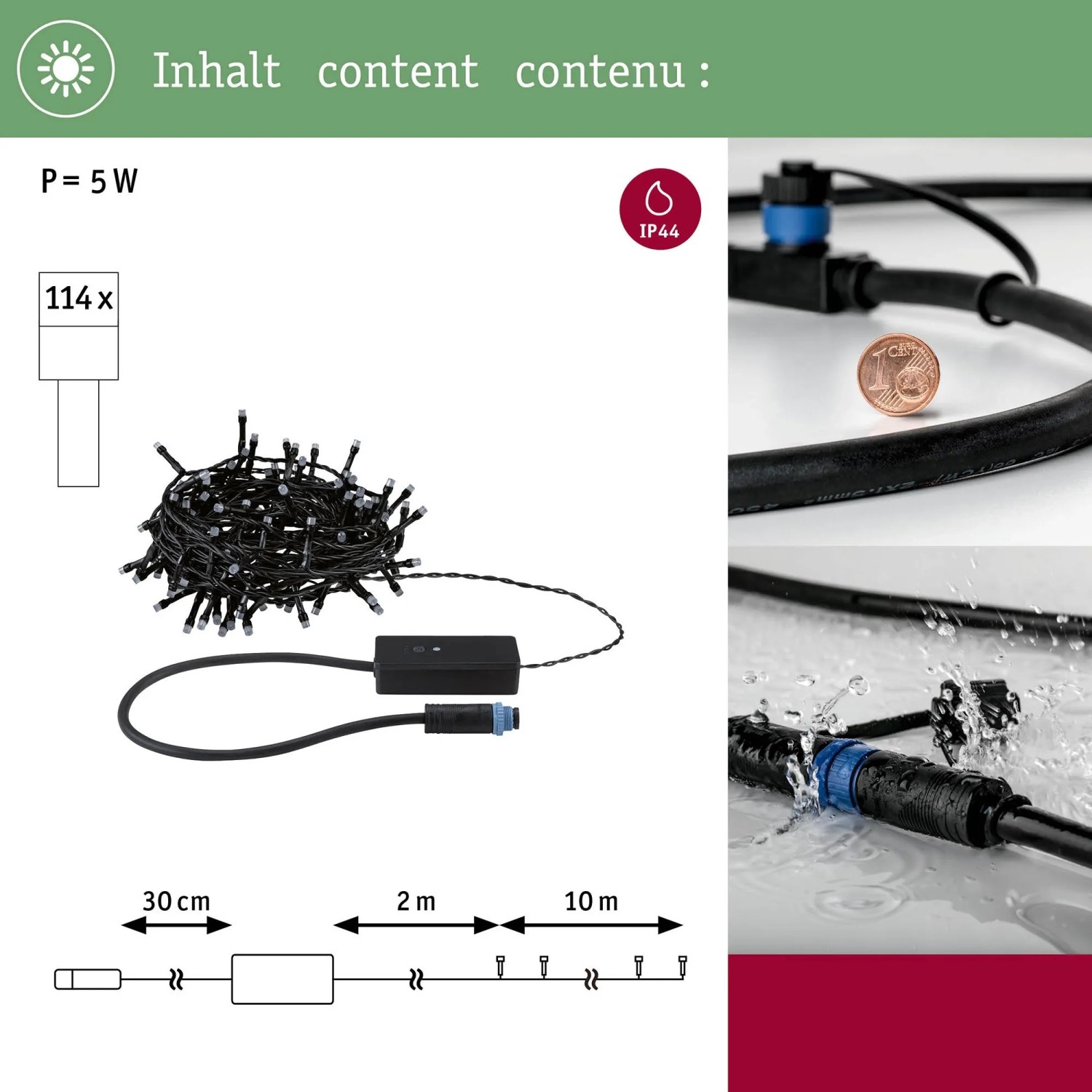 Paulmann LED-Lichterkette Yuna Plug & Shine RGB, schwarz, 10m. Mit IP44 Spritzwasserschutz und Zubehör für Außen.